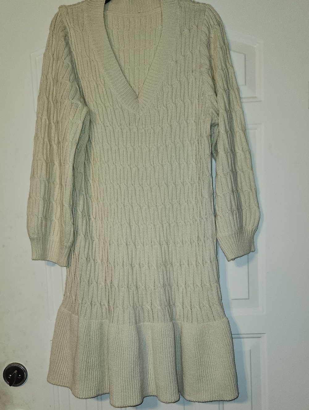 Knit V-Neck Long Sleeve Sweater Dress in Cream
